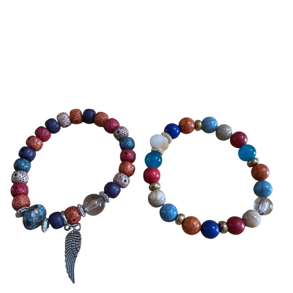Set of‎ 2 Multi Color Beaded Stretch Bracelets  Silver Wing Charm